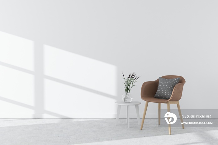 white interior concrete floor with armchair, side table, vase and sun light. scandinavia style