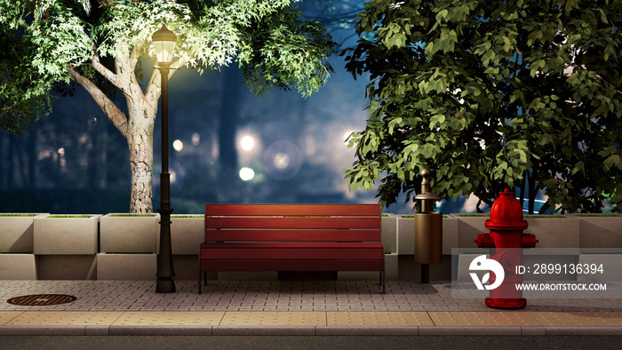 人行道上的夜街背景长椅3d渲染图