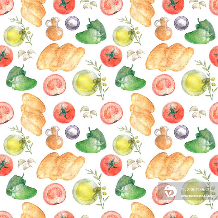 Seamless gastronomic pattern of Gazpacho ingredients. Tomato, garlic, oil, pepper, vinegar, bread an