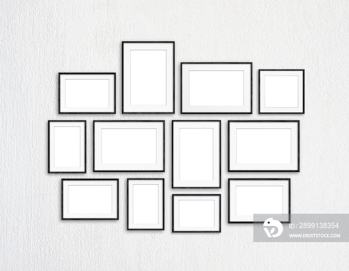 Black frames collection, twelve blank frameworks set on white textured wall, interior decor mock up