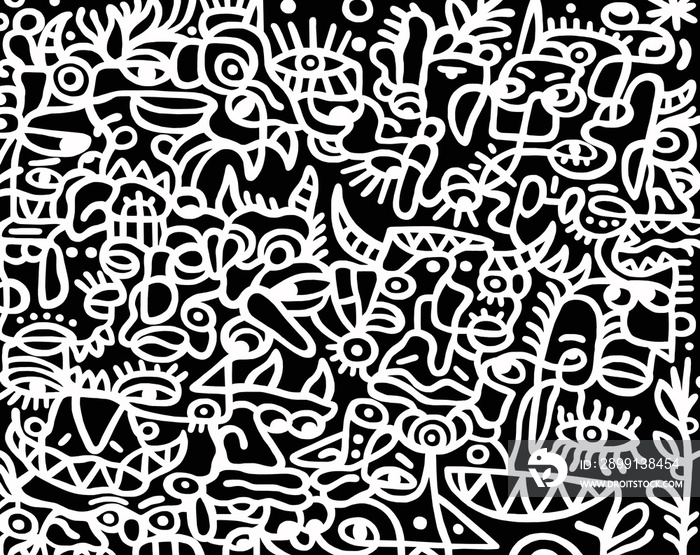 Black and white cartoon pattern on black background, abstract design