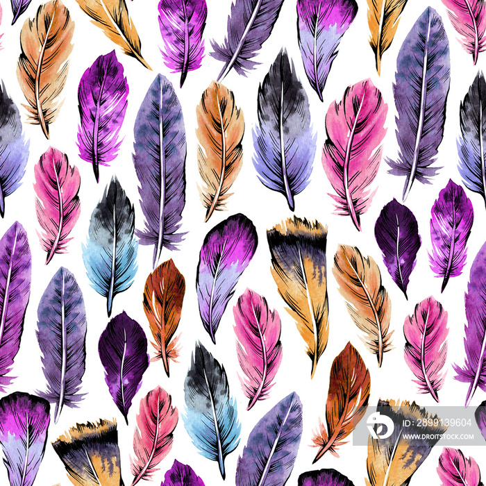 Bird feathers seamless pattern. Hand drawing watercolor. Design wallpaper, fabrics, packaging.