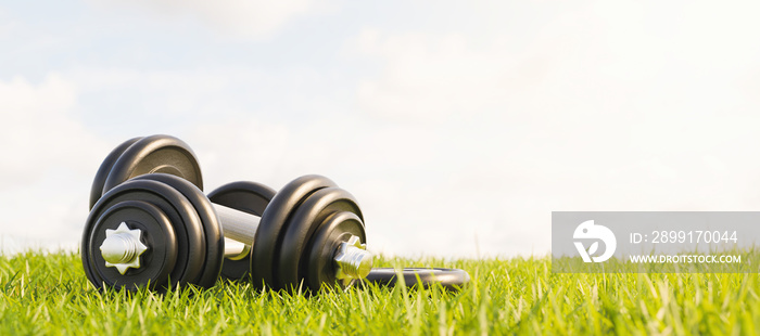 dumbbells stacked on grass in a park. outdoor exercise