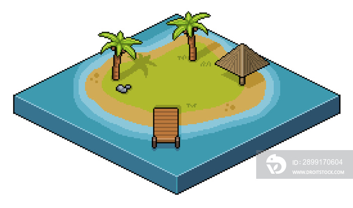 Pixel Art tropical island, coconut tree, kiosk, landscape isometric 8bit