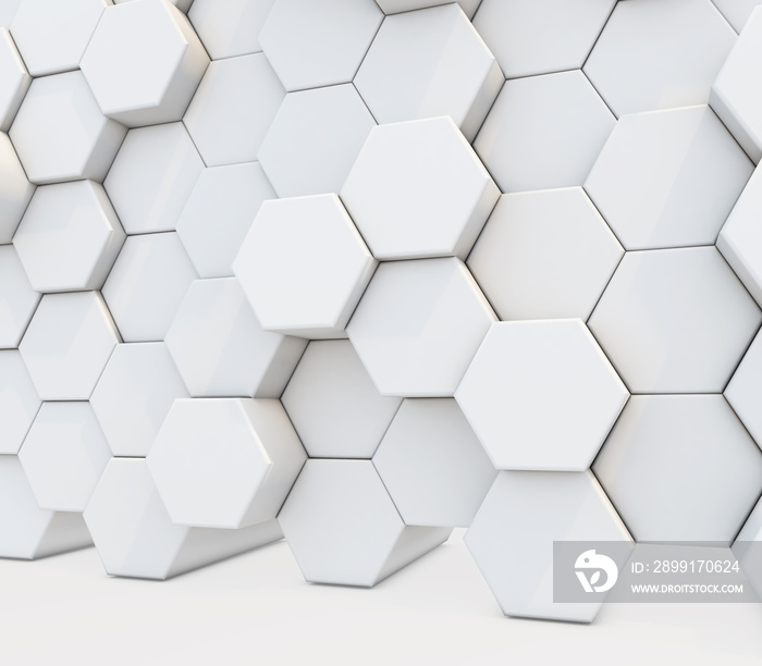 3D abstract background with a wall of extruding hexagons