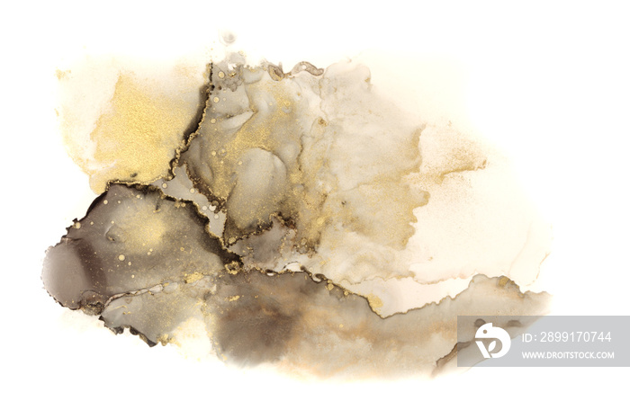 Art Abstract smoke watercolor painting blots horizontal background. Alcohol ink black and gold glitt