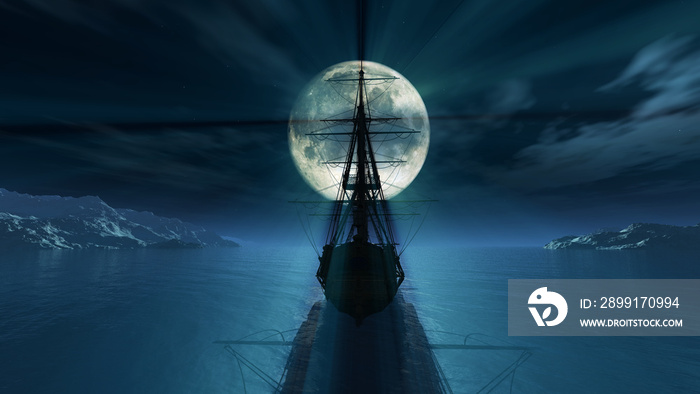 old ship in the night full moon illustration