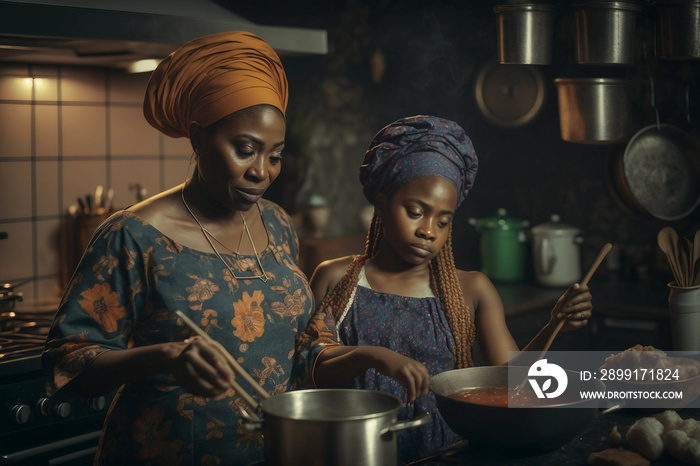 Generative AI. African mother and child cooking