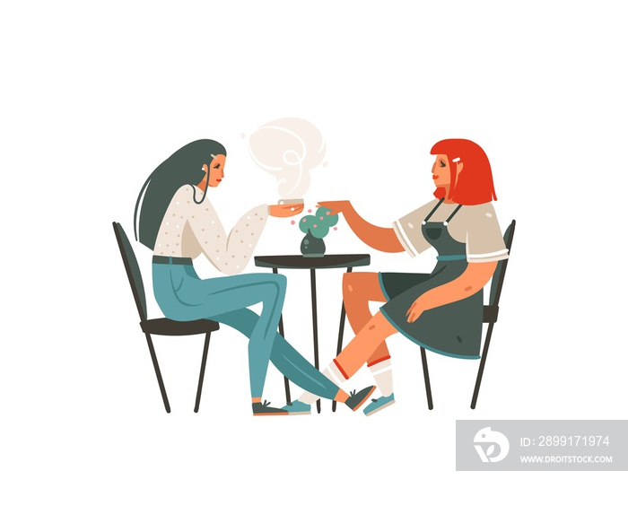 Hand drawn vector abstract cartoon modern graphic girls sitting in cafe and drinking coffee illustra