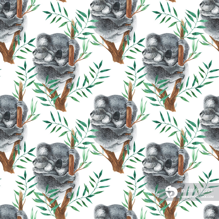 Wild watercolor hand painting pattern with animals. Repeating background. Koala.