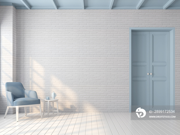 Vintage empty room 3d render,There are white brick pattern wall,wood plank floor,blue pastel color d