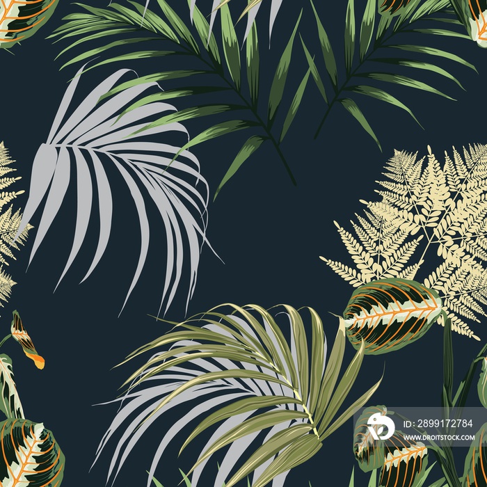 Floral fashion tropic wallpaper with palm leaves, fern and exotic plants on dark background. Print H