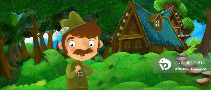 森林中农舍与猎人的卡通夏日场景-儿童插图
