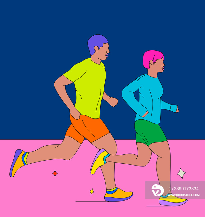 Girl and boy running together on a two-tone background (2)