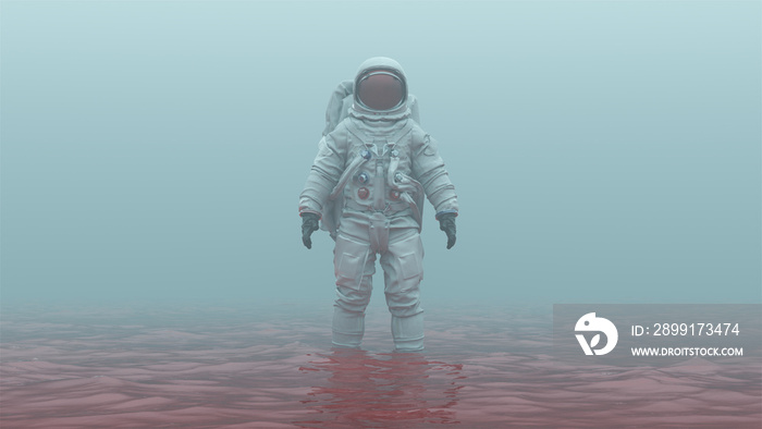 戴着红色护目镜的宇航员站在烟雾笼罩的外星环境中的红色液体中3d插图