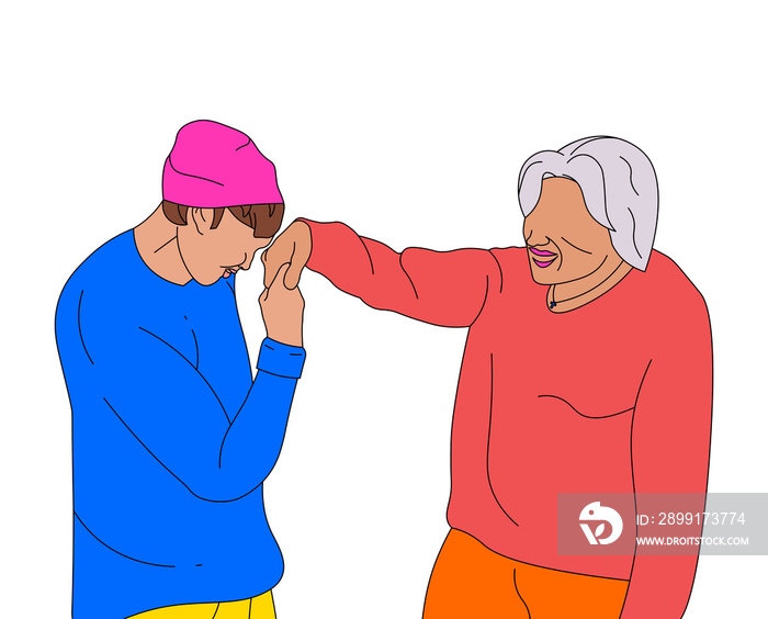 Lola/ grandma giving a Filipino blessing (mano po) to a boy