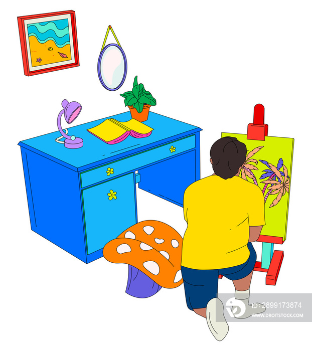 Boy with short brown hair painting in a bedroom with a desk and mushroom chair