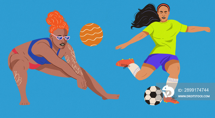 sporty women volleyball soccer orange hair hair blue background