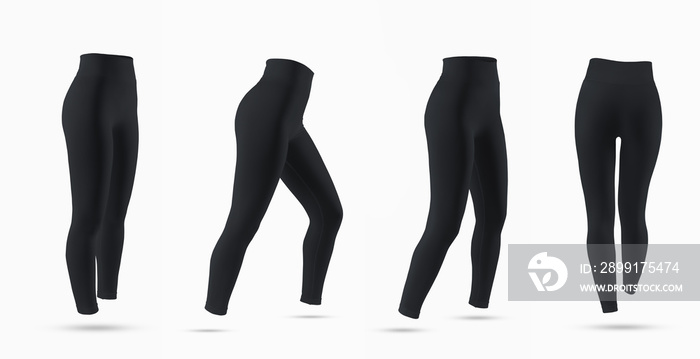 黑色女式紧身裤实物模型，3D渲染，背景隔离，运动服正面、背面、侧面vi