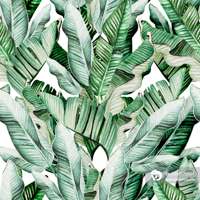 Beautiful watercolor seamless pattern with tropical leaves and banana leaves.