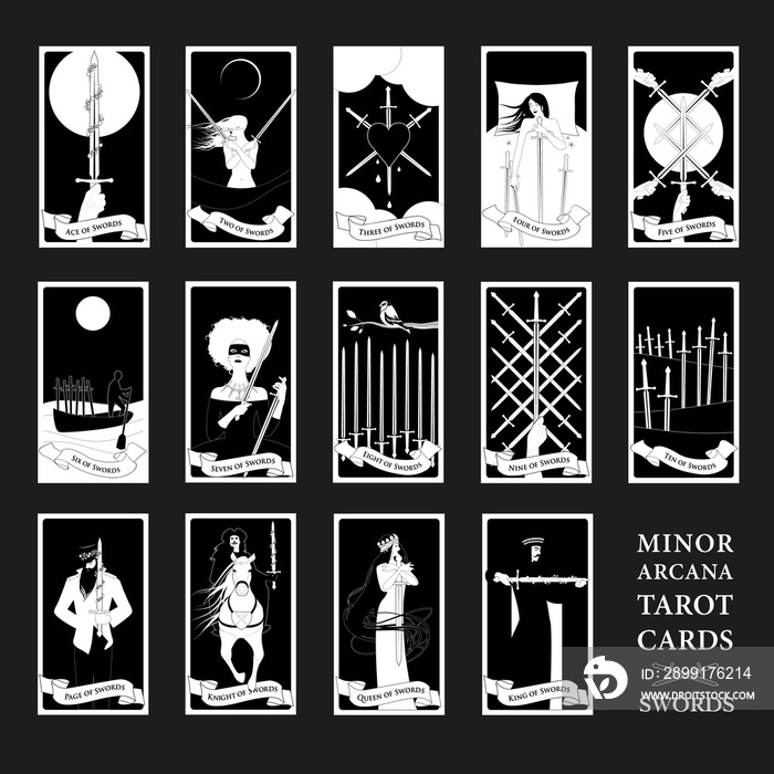 Minor Arcana Tarot cards. Swords From Ace to the figures of the Court. JPG High resolution