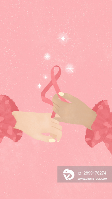 Breast Cancer Awareness Month multi ethnic hands holding ribbon with sparkling stars