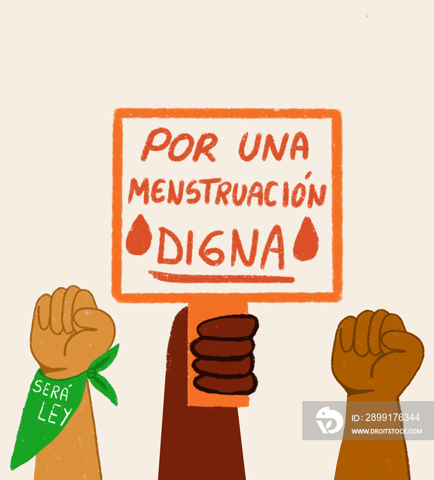 Manos con carteles por los derechos menstruales y pañuelo verde