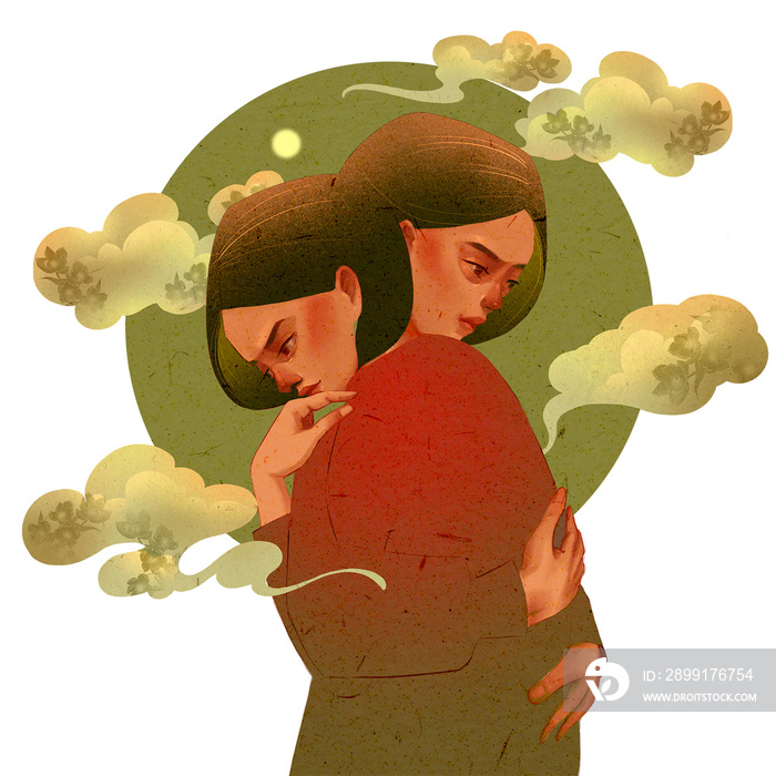 Women hugging each other, calm, think, tranquil, vintage style, Asian style, digital illustration