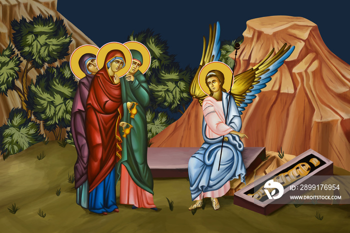 基督墓上的圣母玛利亚。插图-拜占庭风格的壁画
