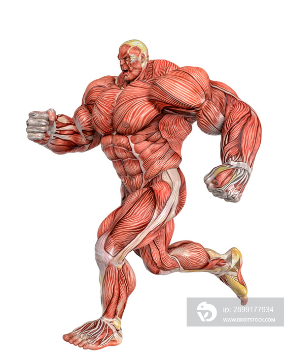 muscle maps of a strong man running on side view