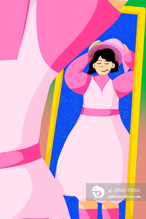 一位身穿粉色连衣裙的黑人头发女子戴着帽子看着镜子里的自己