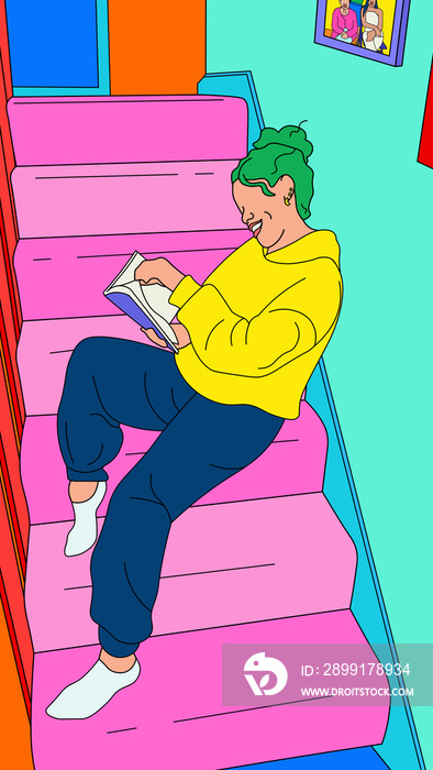 Girl with curly hair sitting on the stairs reading a book