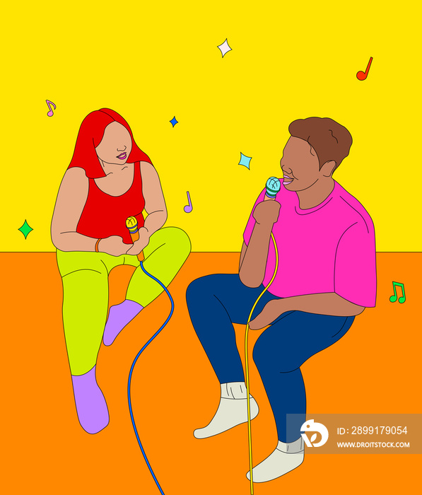 Two people singing karaoke with music notes and stars (1)