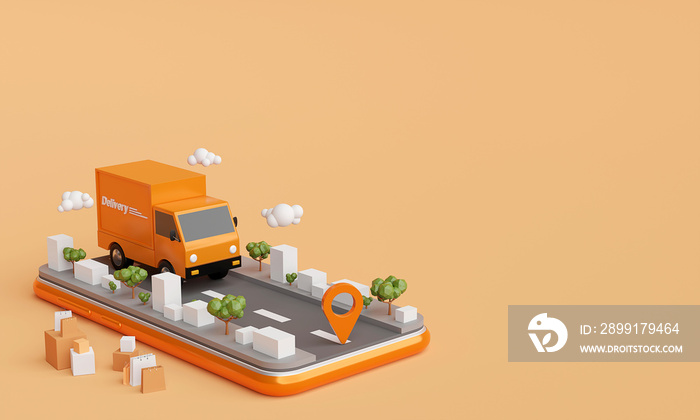 E-commerce concept, Delivery service on mobile application, Transportation delivery by truck, 3d ren