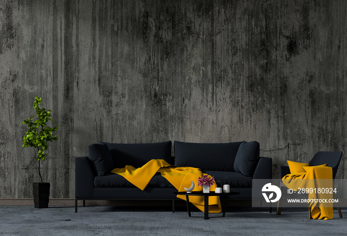 living room concrete wall with black sofa in darkness at night in a home interior. 3d Rendering