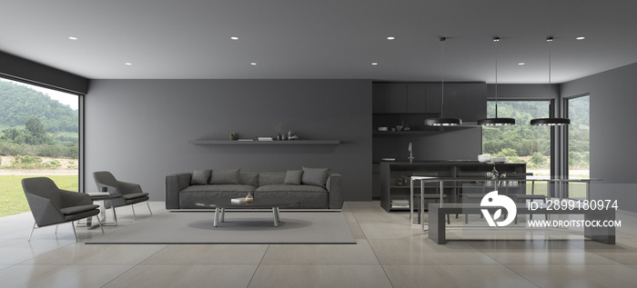 Perspective of modern luxury living room in dark theme with grey sofa and dining table on nature bac