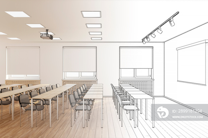 3d illustration. Sketch of the conference hall became a real interior