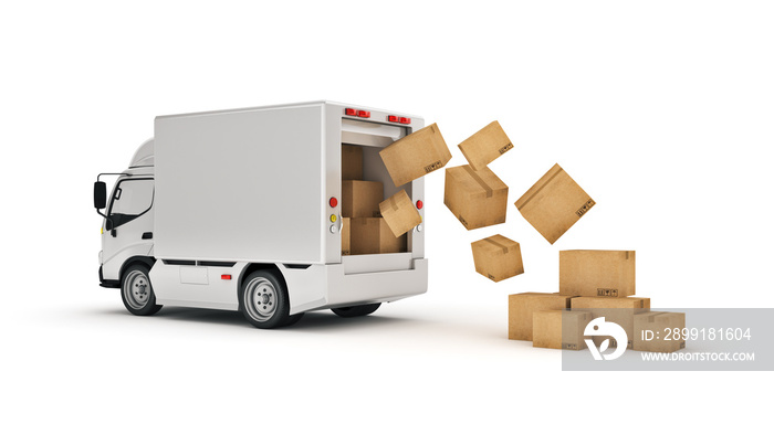 white delivery truck with cardboard boxes. 3d rendering