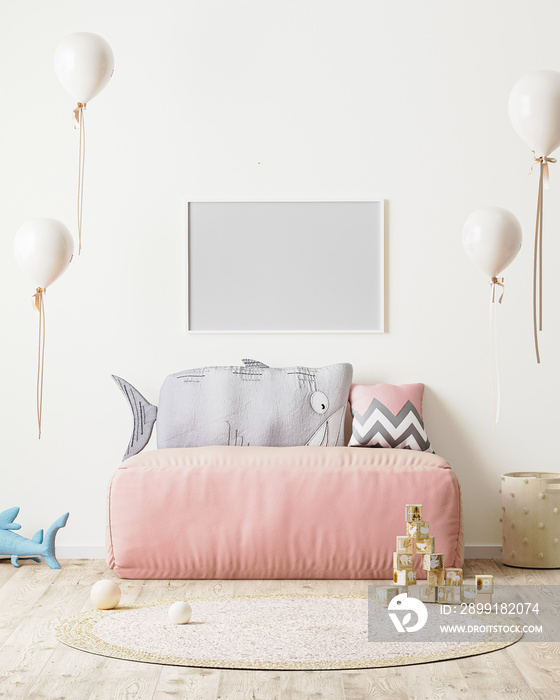 horizontal frame mock up in childrens room with pink sofa and soft toys, 3d rendering