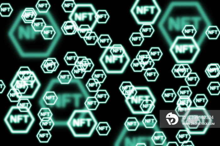 Crypto art NFT non fungible token glowing hexagon icons on black background. Use blockchain technolo