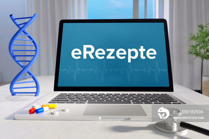 eRezepte (Elektronisches Rezept) – Medizin, Gesundheit. Computer im Büro mit Begriff auf dem Bildsc