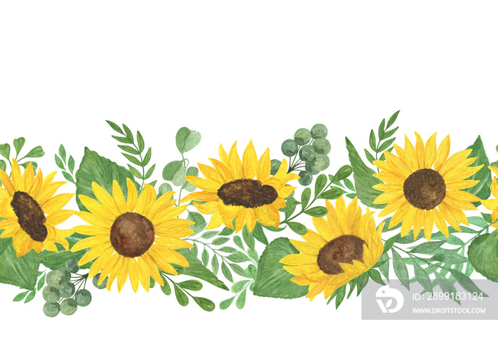 Sunflowers and leaves horizontal border watercolor illustration seamless ornament, perfect for cards