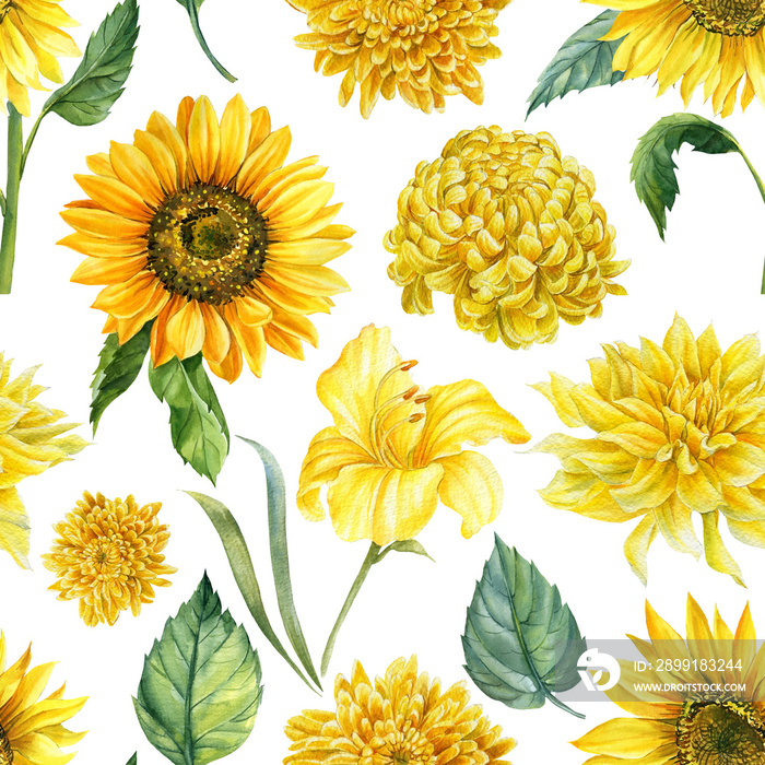 手绘向日葵的无缝图案，水彩画亮黄色，花卉背景