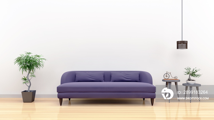 Modern living room interior with purple sofa and empty white wall as a background.