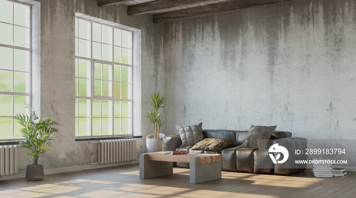 Living room with grungy walls and leather sofa, industrial style, 3d render