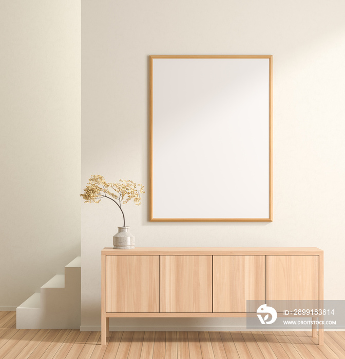 Mock up poster frame in Scandinavian style interior with wooden furnitures. Minimalist interior desi