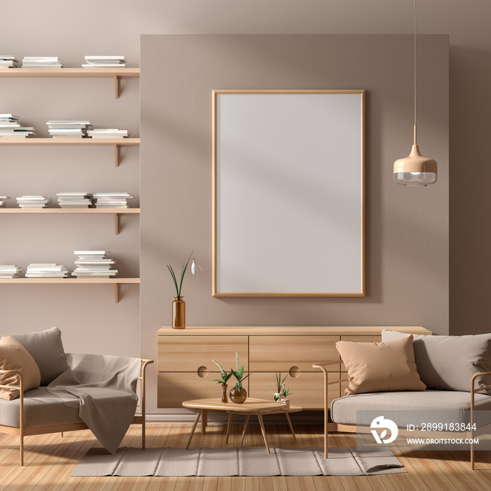 斯堪的纳维亚风格的室内模型海报框架，配有现代家具。极简主义室内设计