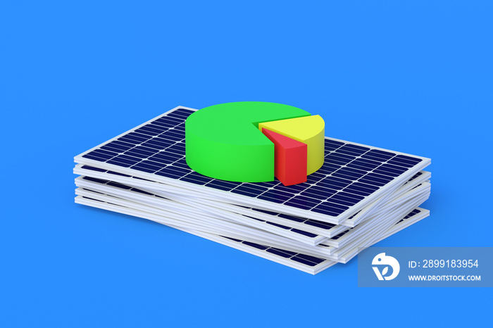 Heap of solar panels near round graph. Statistics, report, analysis of power plant operation. Green 