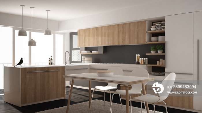 现代简约木制厨房，配有餐桌、地毯和全景窗，白色和灰色ar