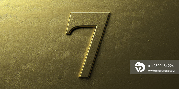 Seven, gold number 7. Shiny digit 7 on golden bright background. 3d illustration